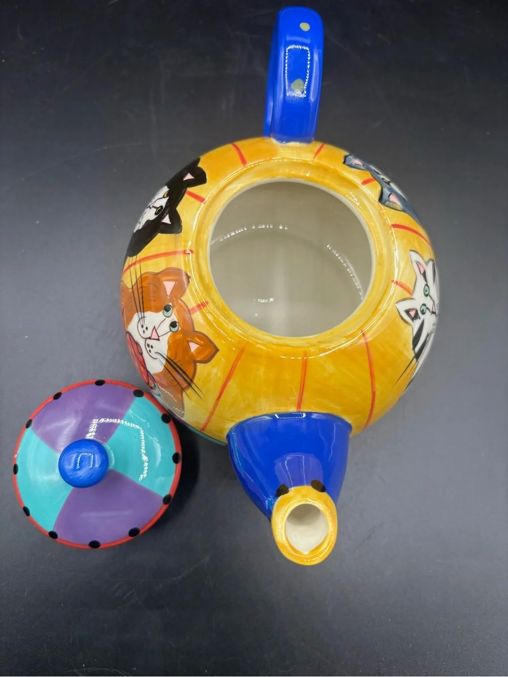 Catzilla 2001 Candace Reiter Design Ceramic Teapot Multicolor Whimsical Cat Bird